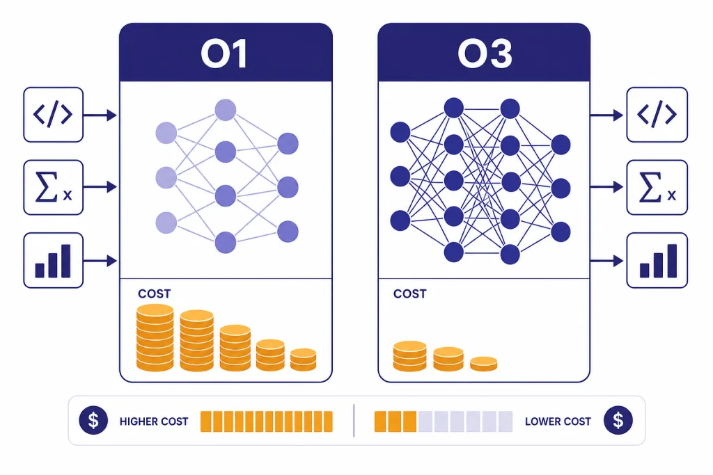 O1 And O3 Comparison Two comparison cards labeled O1 and O3 with cost stacks, reasoning nodes, code, math, and chart icons.