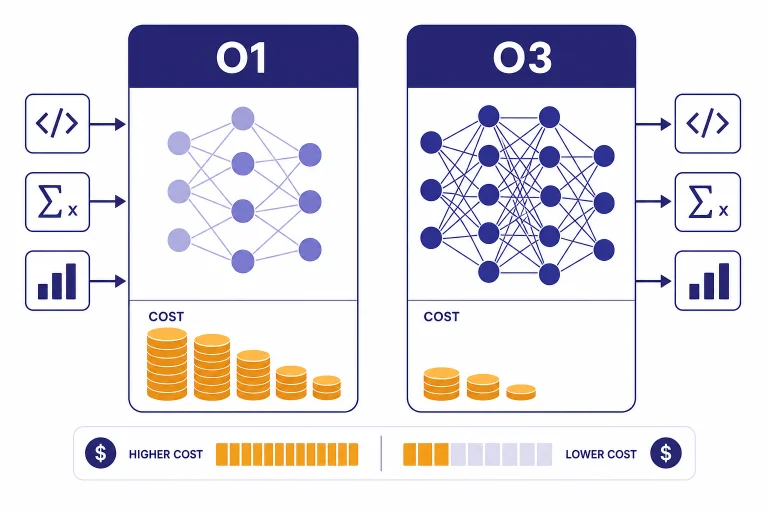 Two comparison cards labeled O1 and O3 with cost stacks, reasoning nodes, code, math, and chart icons.