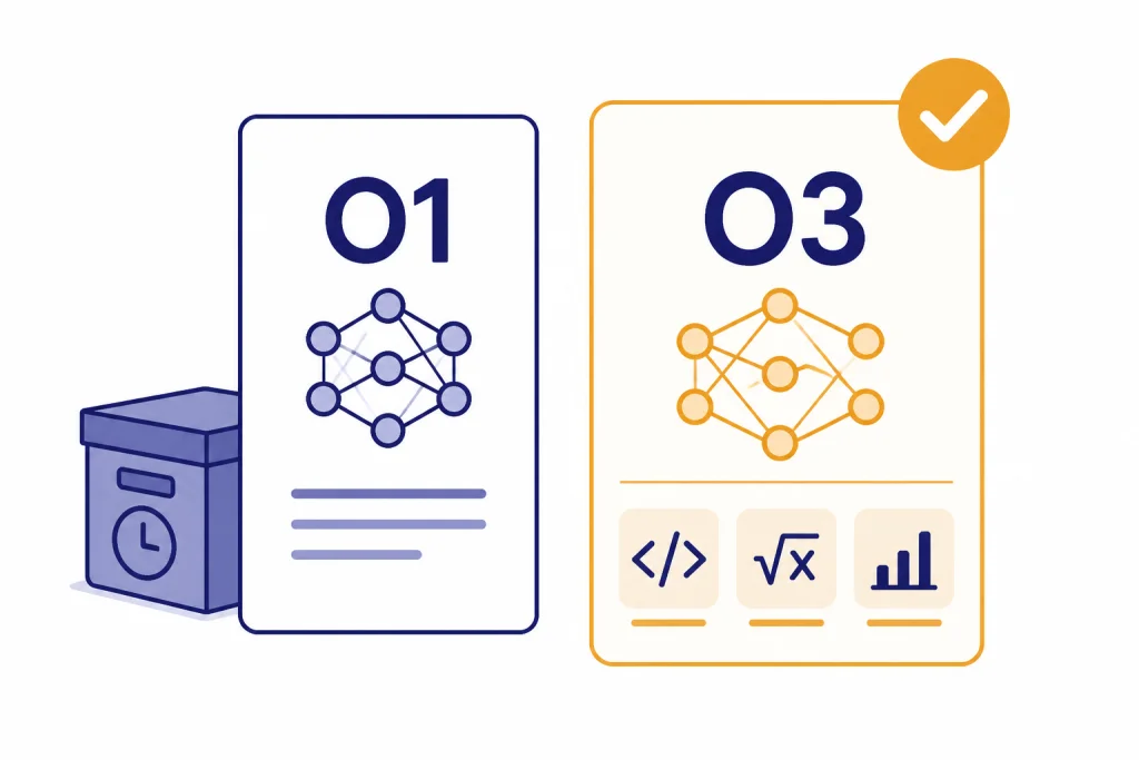 Decision panel with cards labeled O1 and O3, check mark on O3, legacy box behind O1, and three task icons.