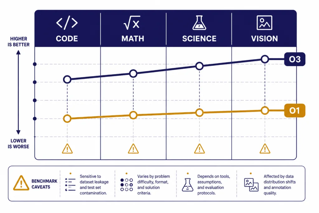 Reasoning Quality Board Reasoning board with columns CODE, MATH, SCIENCE, and VISION, showing O3 path above O1 path with caveat markers.