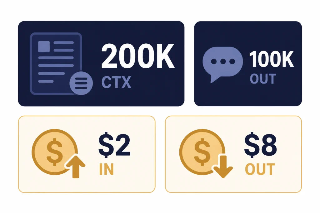 Four API spec cards labeled 200K CTX, 100K OUT, $2 IN, and $8 OUT in a grid.