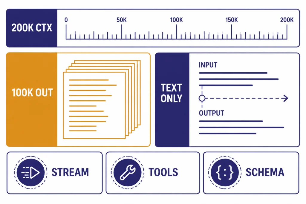 API spec sheet labeled 200K CTX, 100K OUT, TEXT ONLY, STREAM, TOOLS, and SCHEMA.