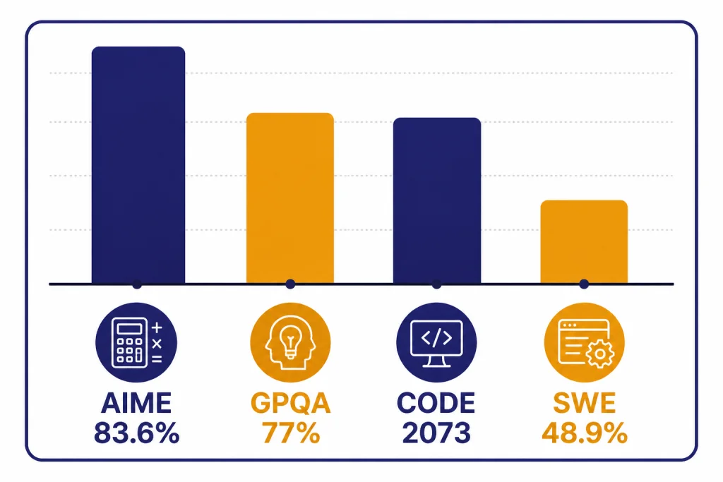 o3-mini Benchmark Bars Benchmark dashboard with bars labeled AIME 83.6%, GPQA 77%, CODE 2073, and SWE 48.9%.