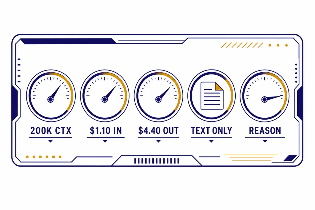 o3-mini Model Spec Card Spec card with gauges labeled 200K CTX, $1.10 IN, $4.40 OUT, TEXT ONLY, and REASON.