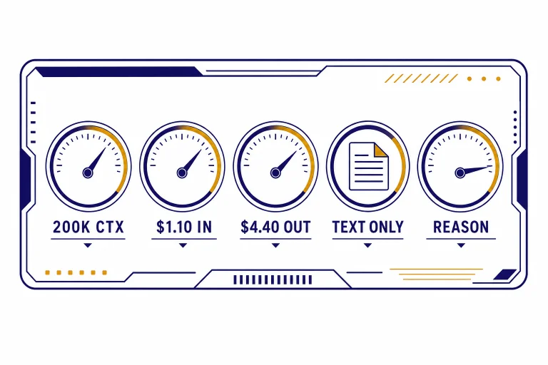 Spec card with gauges labeled 200K CTX, $1.10 IN, $4.40 OUT, TEXT ONLY, and REASON.