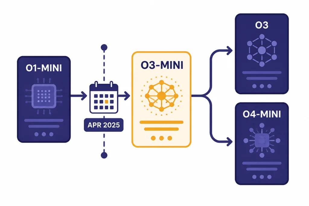 Migration flow with cards labeled O1-MINI, O3-MINI, O3, O4-MINI, and APR 2025.