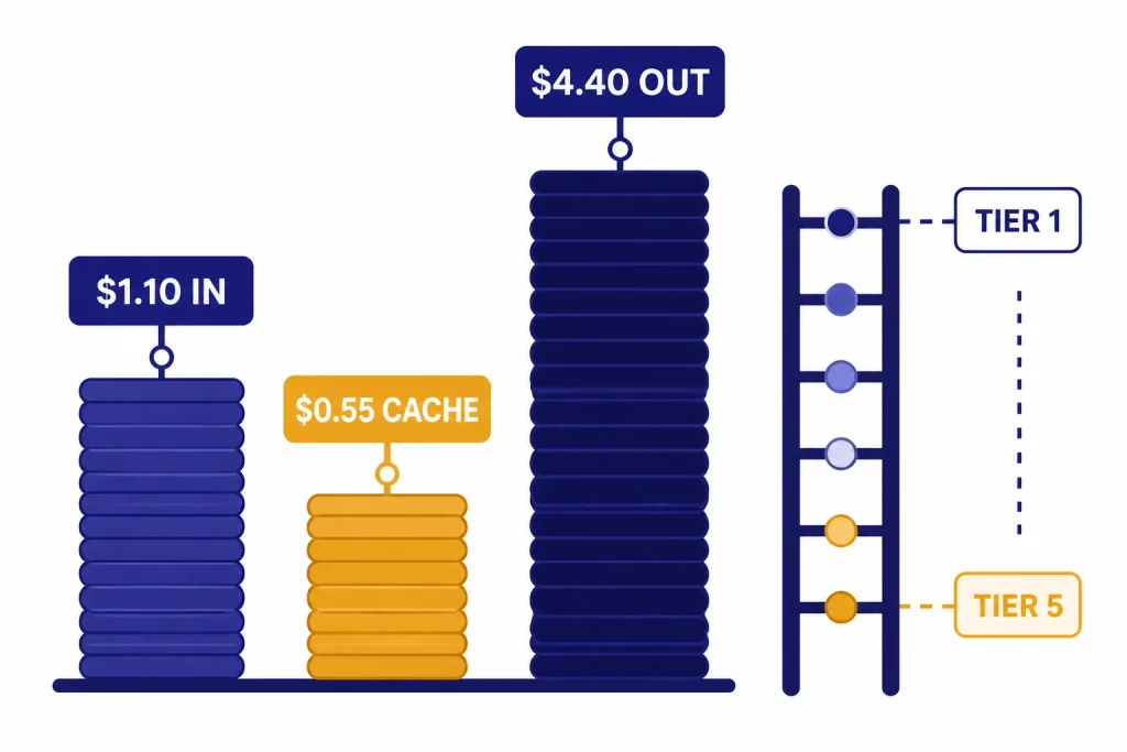 Three pricing bars labeled $1.10 IN, $0.55 CACHE, $4.40 OUT with a ladder labeled TIER 1 and TIER 5.