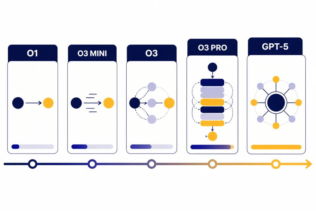 Five comparison cards labeled O1, O3 MINI, O3, O3 PRO, and GPT-5 on a horizontal ladder.