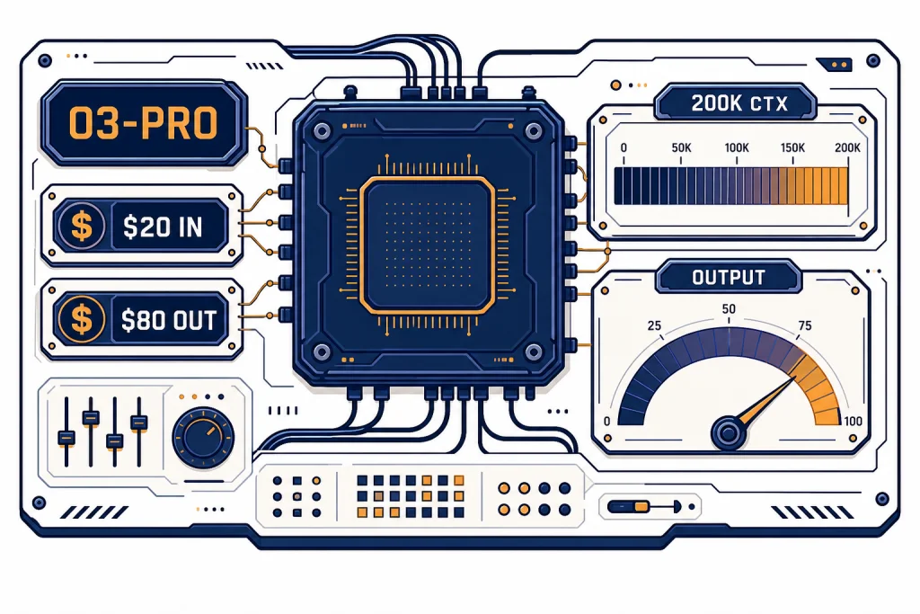 o3-pro Reasoning Control Panel Control panel labeled O3-PRO, 200K CTX, $20 IN, and $80 OUT with a large central processor block.