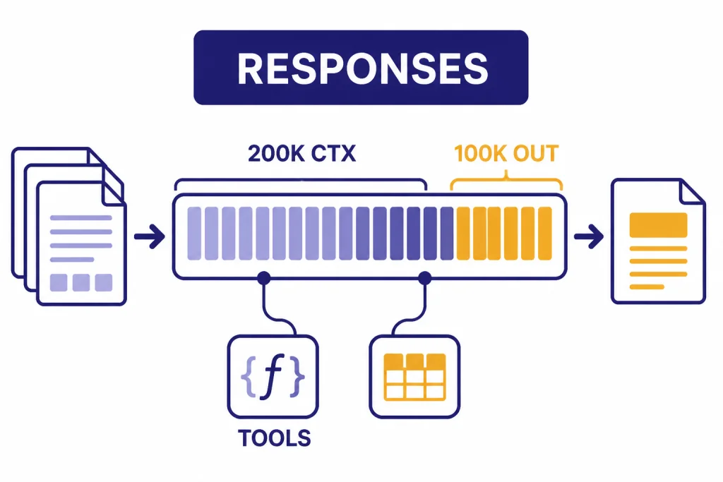 o3-pro Specs Pipeline Responses API pipeline labeled RESPONSES, 200K CTX, 100K OUT, and TOOLS from input stack to output document.