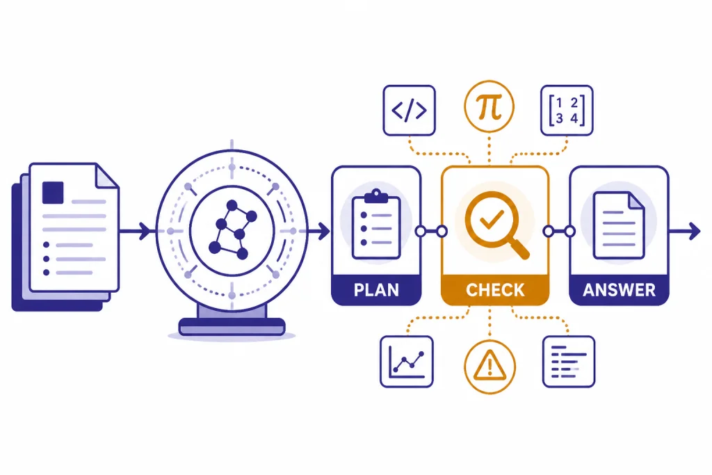 Reasoning pipeline with boxes labeled PLAN, CHECK, and ANSWER plus code, math, and warning icons.