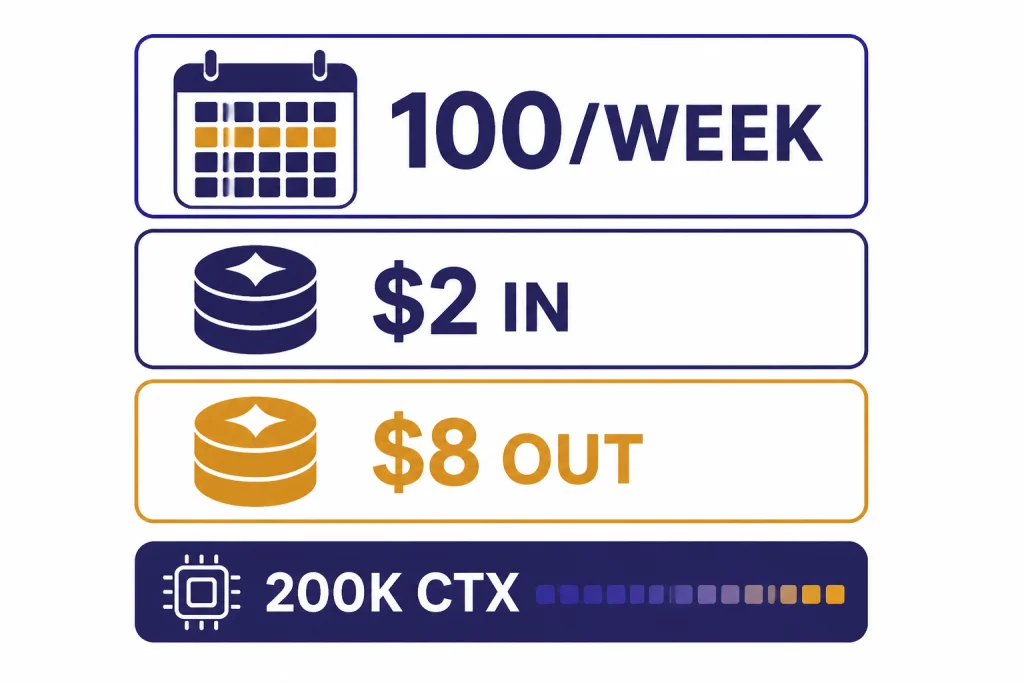 O3 Cost And Limits Usage cards labeled 100/WEEK, $2 IN, $8 OUT, with a context bar labeled 200K CTX.
