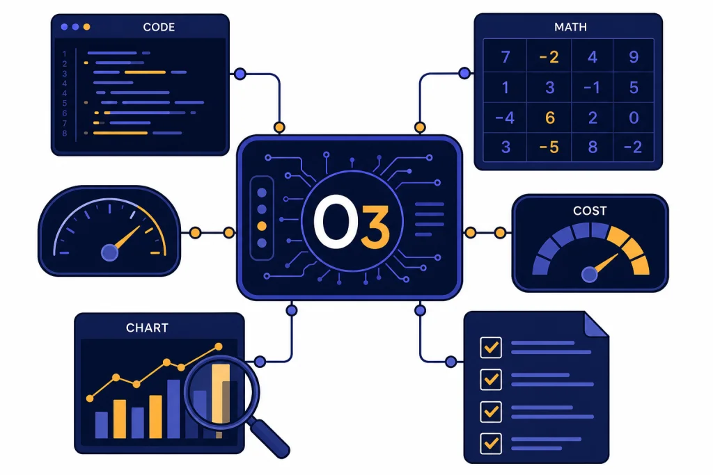 O3 Reasoning Review Dashboard Dashboard card labeled O3 connected to CODE, MATH, CHART, and COST panels with a speed gauge.