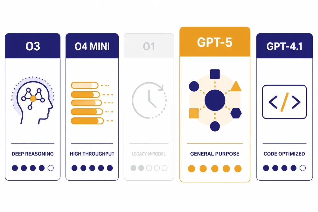 O3 Model Comparison Five comparison cards labeled O3, O4 MINI, O1, GPT-5, and GPT-4.1 with distinct icons.