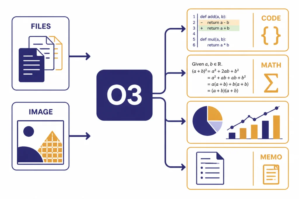 Pipeline with FILES and IMAGE entering O3, branching to CODE, MATH, and MEMO outputs.