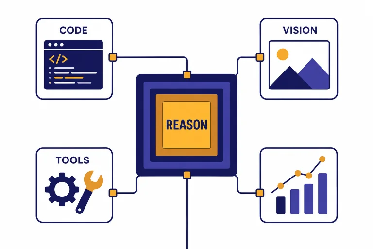 Compact reasoning engine connected to panels labeled REASON, CODE, VISION, and TOOLS.