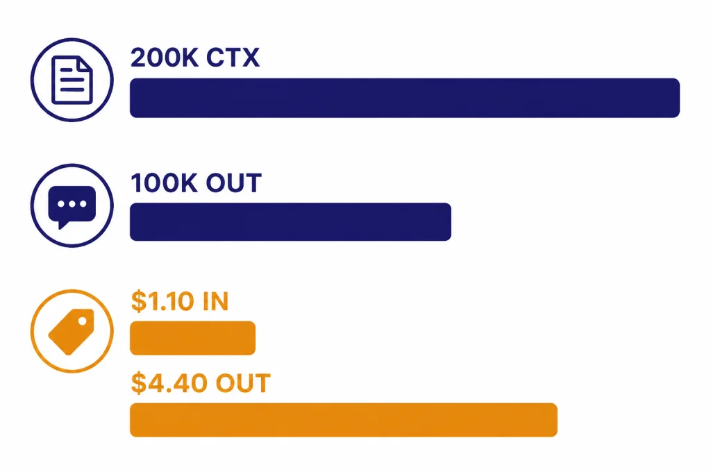 o4-mini Specs And Price Spec bars labeled 200K CTX, 100K OUT, $1.10 IN, and $4.40 OUT.