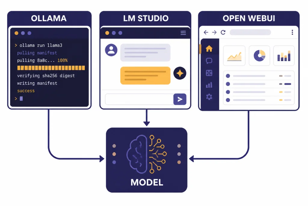Local App Options Three app panels labeled OLLAMA, LM STUDIO, and OPEN WEBUI connected by arrows to a MODEL box.