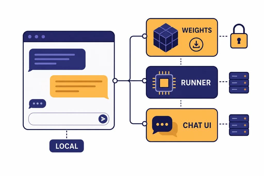 Open Model Chat Stack Local chat stack with labeled blocks WEIGHTS, RUNNER, CHAT UI, and LOCAL connected around a chat window.