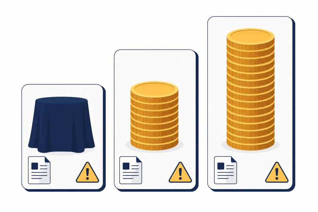 Deal Value Disclosure Three acquisition value cards with hidden terms, medium coins, and a tall coin stack.