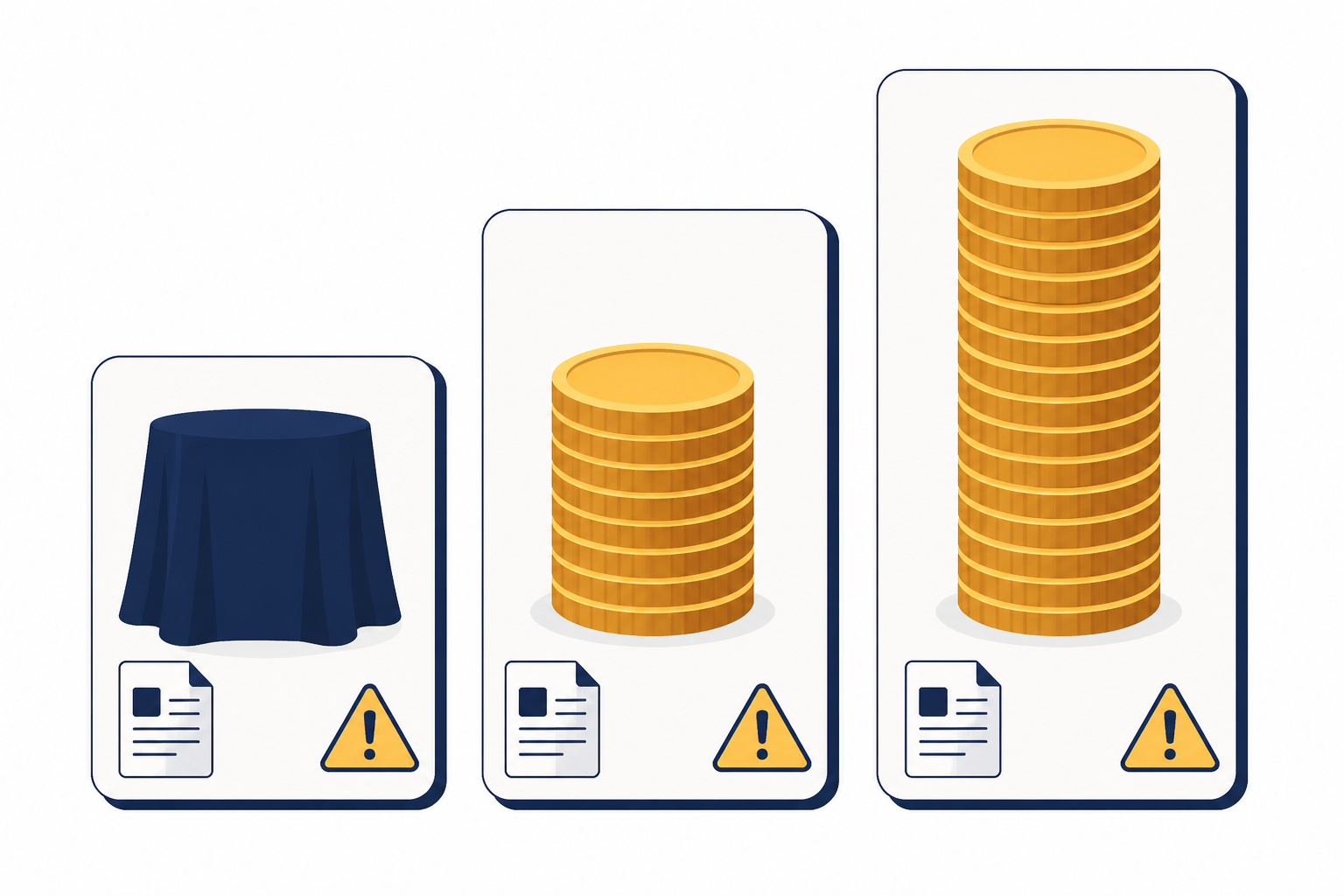 Three acquisition value cards with hidden terms, medium coins, and a tall coin stack.