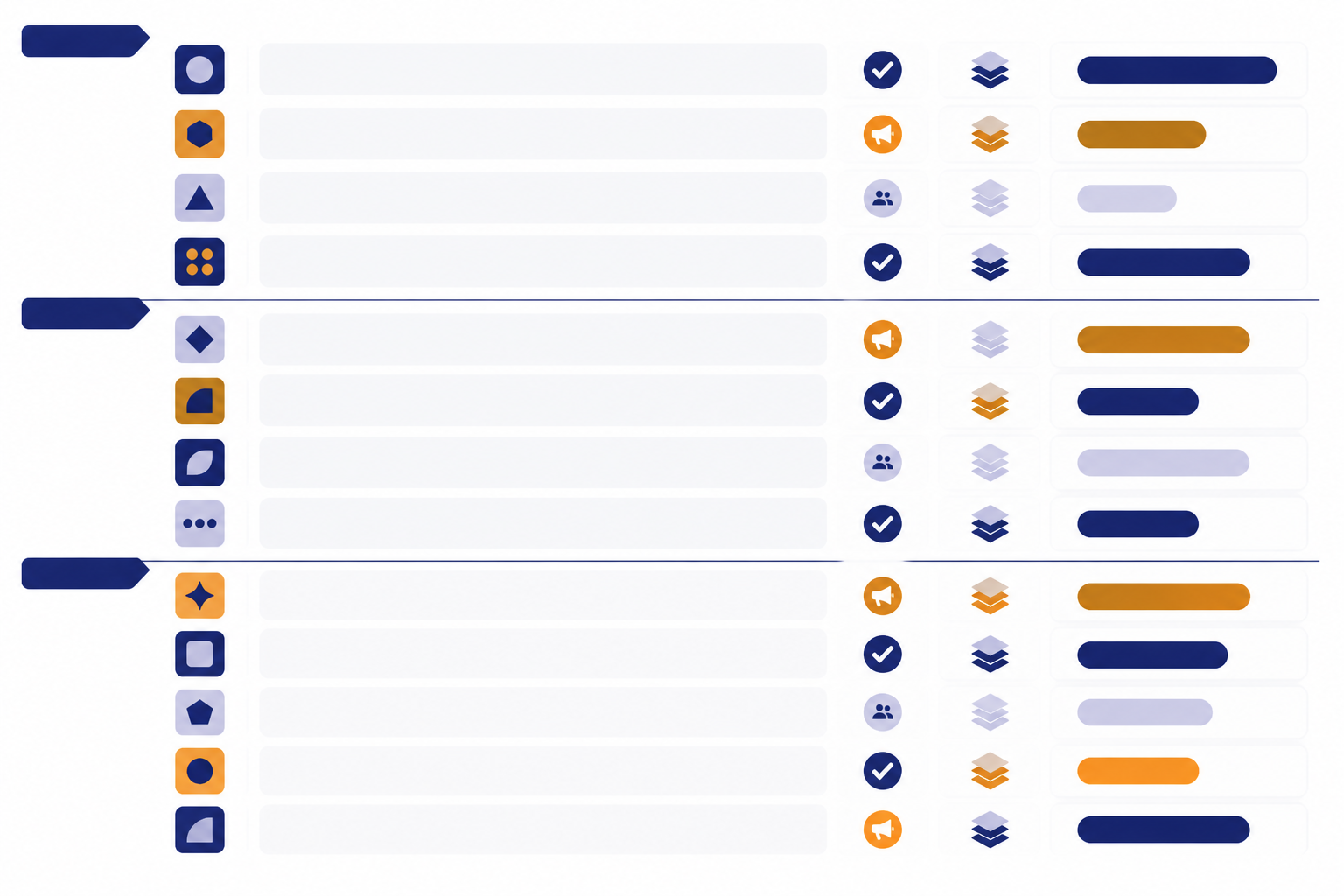 Acquisition Tracker Table Thirteen-row acquisition tracker table with status icons and grouped divider tabs.