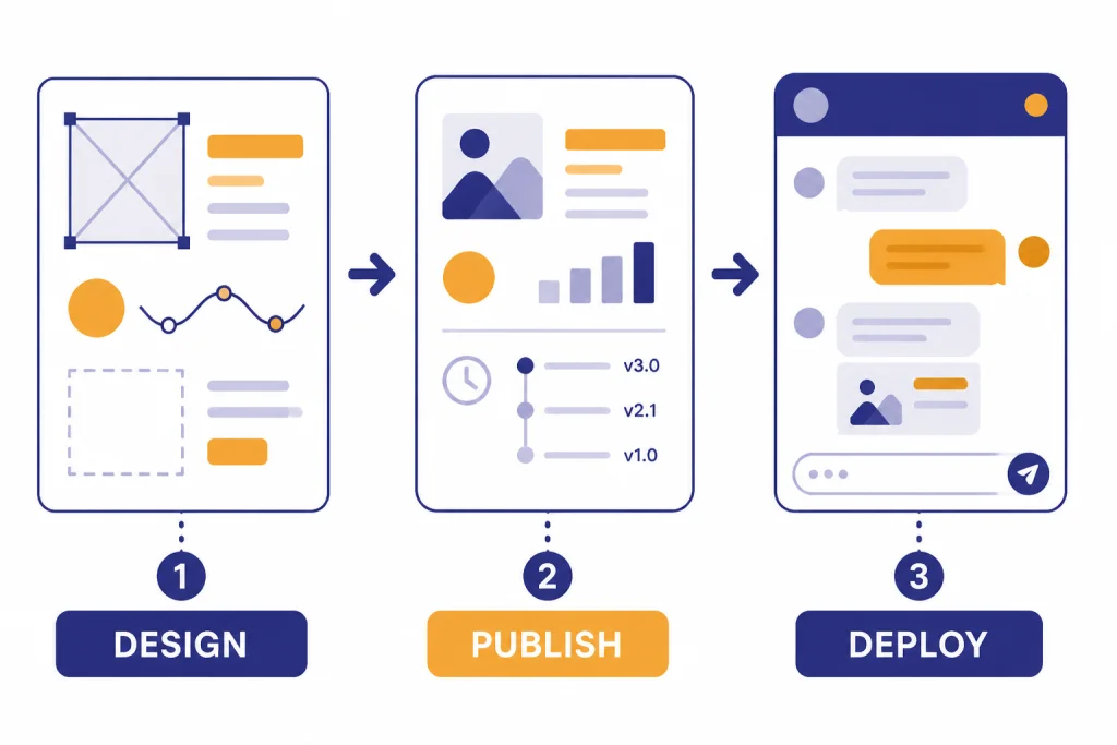 Design Publish Deploy Flow Three-step pipeline labeled DESIGN, PUBLISH, and DEPLOY moving from canvas to snapshot to chat card.