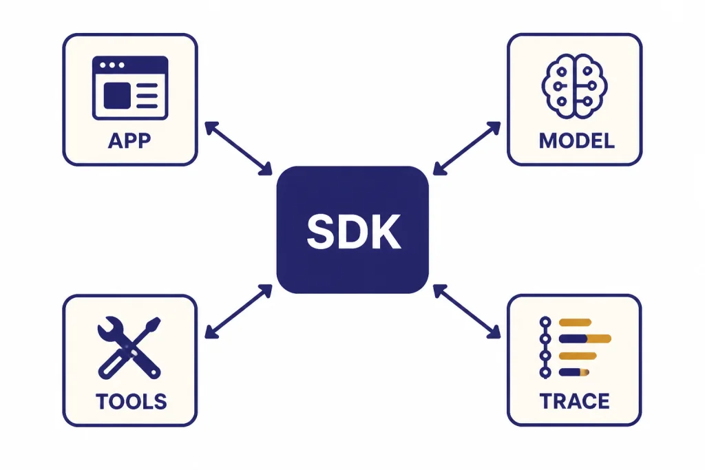 Architecture diagram with SDK box connected to APP, MODEL, TOOLS, and TRACE boxes.