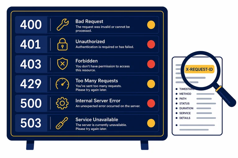 API error board with rows labeled 400, 401, 403, 429, 500, 503 and a log card labeled X-REQUEST-ID.