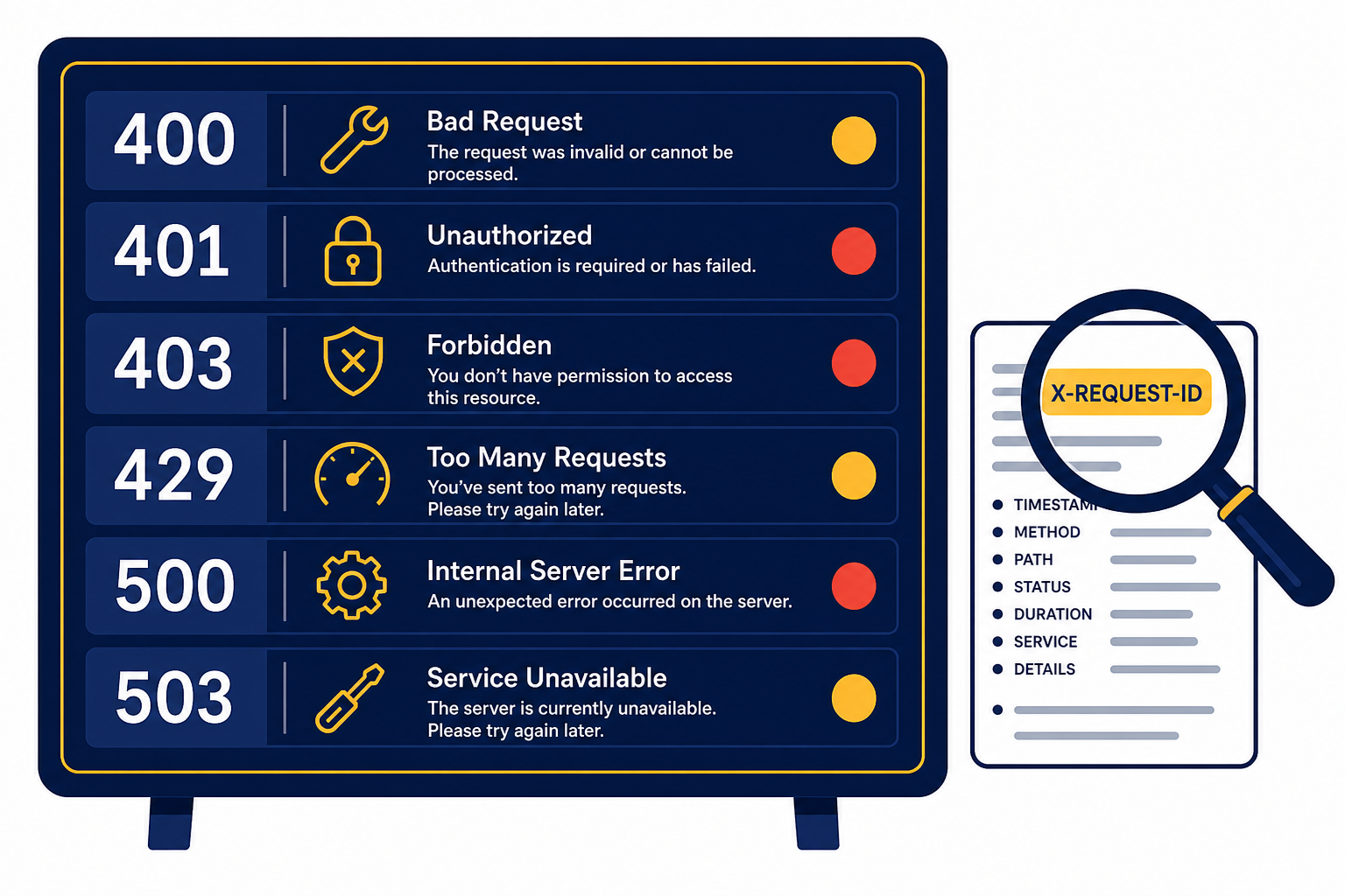 OpenAI API Error Reference API error board with rows labeled 400, 401, 403, 429, 500, 503 and a log card labeled X-REQUEST-ID.