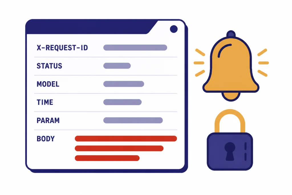 Production Error Log Production log card labeled X-REQUEST-ID, STATUS, MODEL, TIME, PARAM, and BODY with redacted bars.