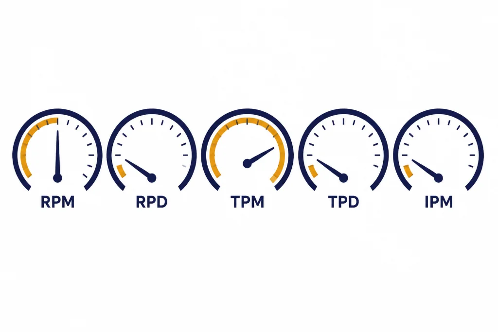 Five rate-limit gauges labeled RPM, RPD, TPM, TPD, and IPM with TPM nearly full.