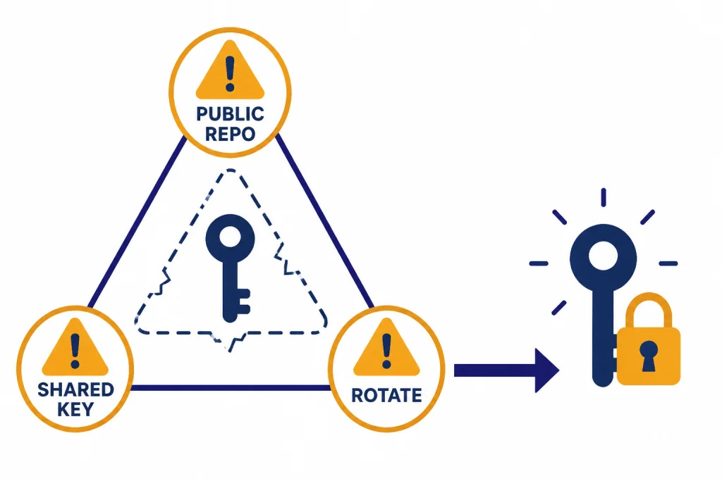 Risk triangle labeled PUBLIC REPO, SHARED KEY, and ROTATE around a leaking key and a new locked key.
