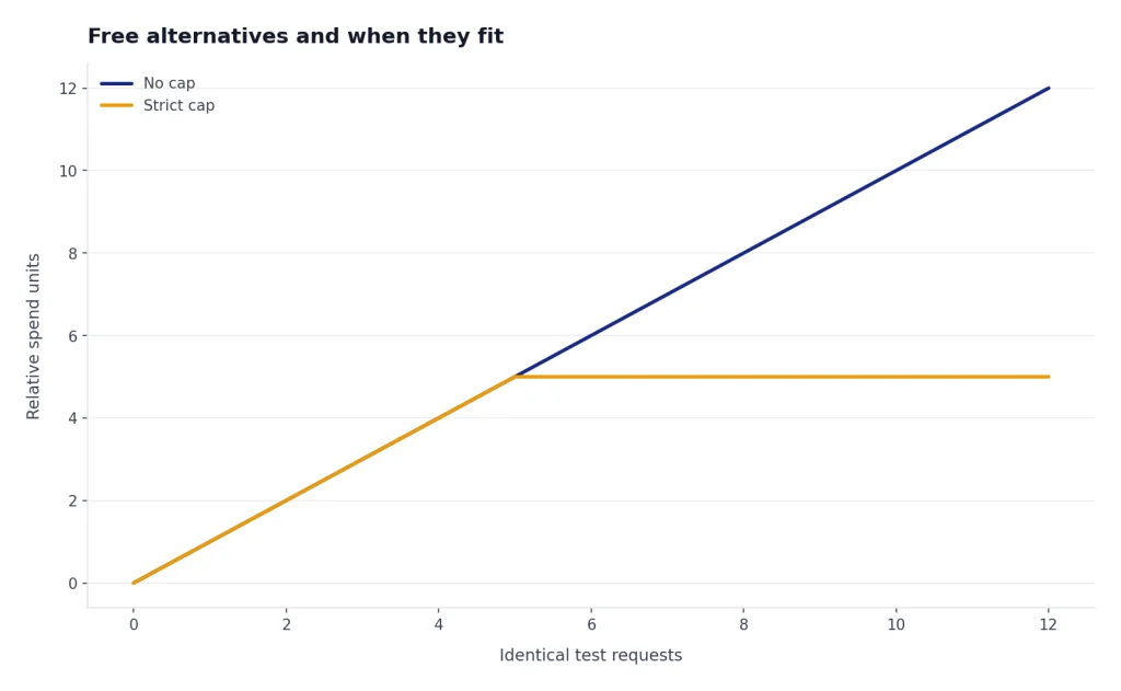 Two lines: No cap climbs 0 to 12; Strict cap climbs to 5 then stays flat through 12 requests.