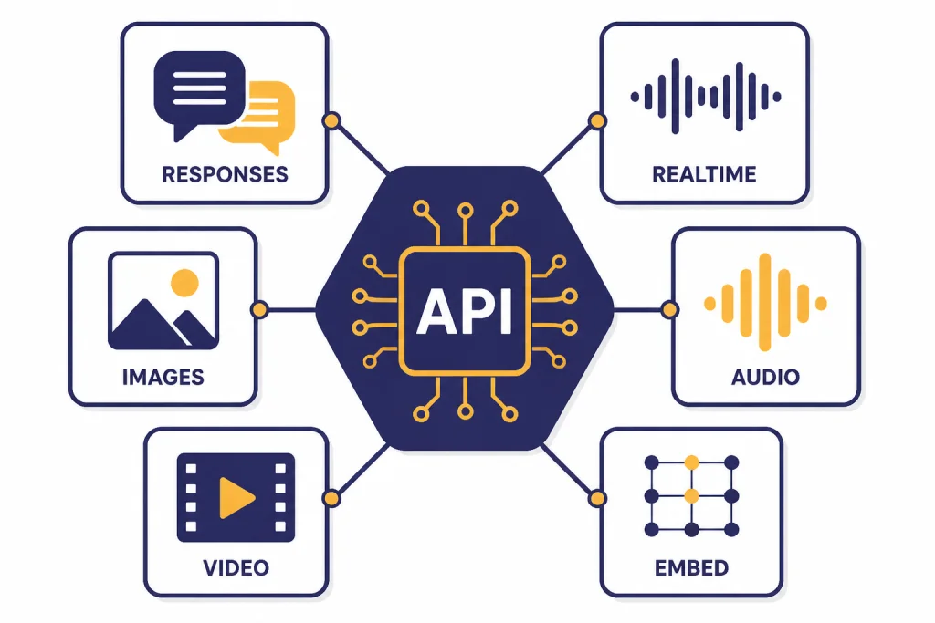 Six API tiles labeled RESPONSES, REALTIME, IMAGES, VIDEO, AUDIO, and EMBED around a central hub.