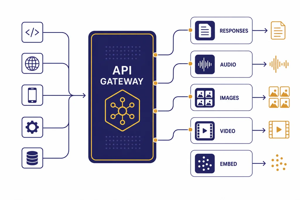 OpenAI API Endpoint Map API gateway connected to endpoint cards labeled RESPONSES, AUDIO, IMAGES, VIDEO, and EMBED.