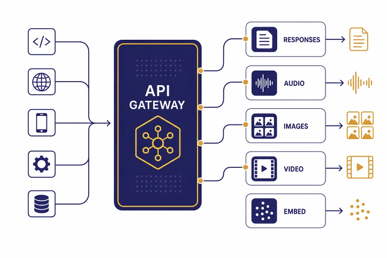 API gateway connected to endpoint cards labeled RESPONSES, AUDIO, IMAGES, VIDEO, and EMBED.