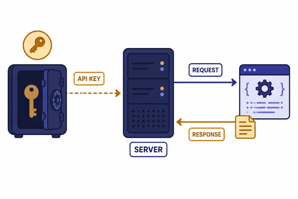 First API Request Flow Request flow with boxes labeled API KEY, SERVER, REQUEST, and RESPONSE.