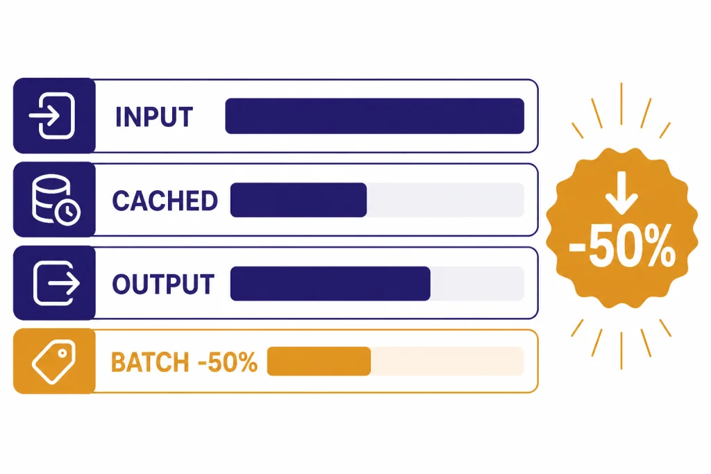 API Pricing Signals Pricing card with bars labeled INPUT, CACHED, OUTPUT, and BATCH -50%.