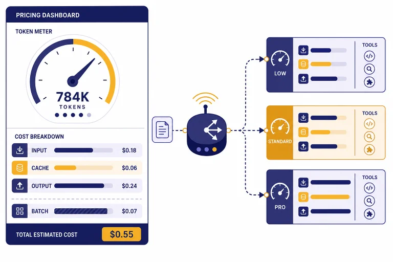 Pricing dashboard with token meter and lanes labeled INPUT, CACHE, OUTPUT, BATCH, PRO, and TOOLS.