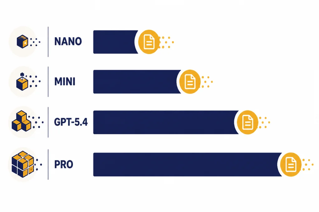 Model Price Ladder Horizontal price bars labeled NANO, MINI, GPT-5.4, and PRO increasing sharply in length.