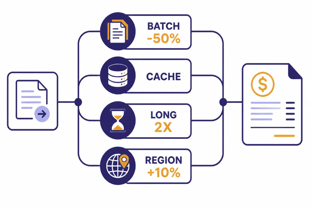 Pricing Rule Modifiers Flow diagram with paths labeled BATCH -50%, CACHE, LONG 2X, and REGION +10% merging into an invoice.