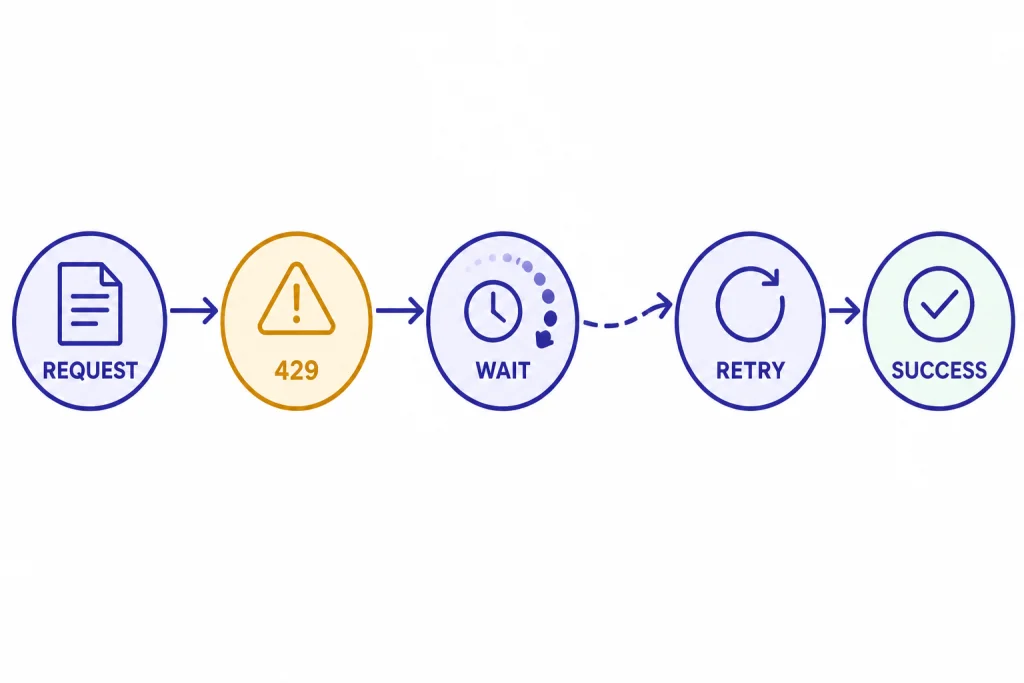 429 Backoff Timeline Retry timeline labeled REQUEST, 429, WAIT, RETRY, and SUCCESS with a delay arc at WAIT.