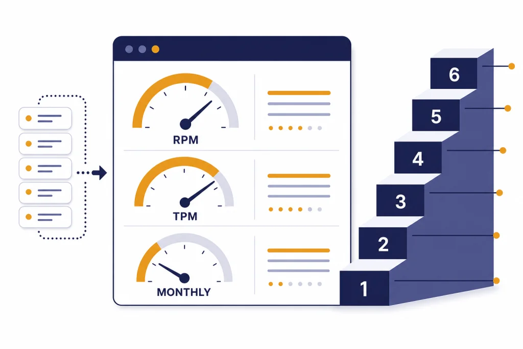 API Rate Limit Dashboard API limits dashboard with RPM, TPM, and MONTHLY gauges beside a six-step tier ladder.