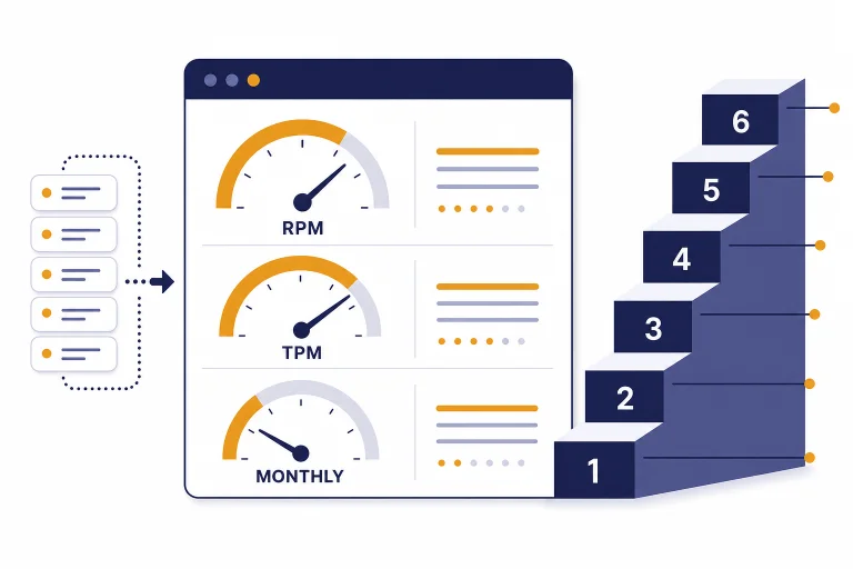 API limits dashboard with RPM, TPM, and MONTHLY gauges beside a six-step tier ladder.