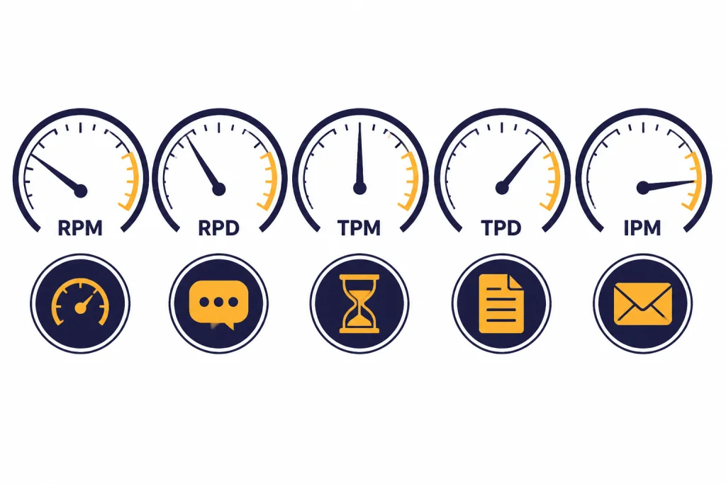Five Rate Limit Units Five meter dials labeled RPM, RPD, TPM, TPD, and IPM with different needle positions.