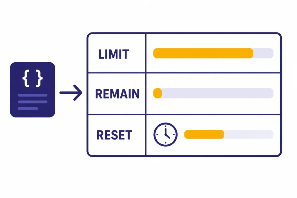 Rate Limit Headers Response header panel with rows labeled LIMIT, REMAIN, and RESET, plus progress bars and a clock.