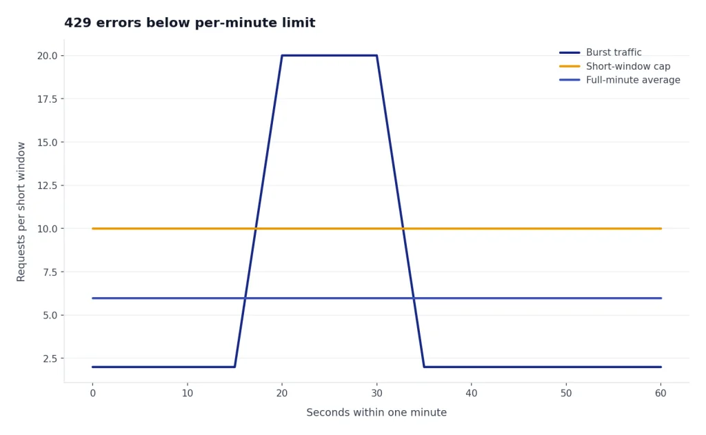 Line chart with Burst traffic above Short-window cap while Full-minute average stays below it.