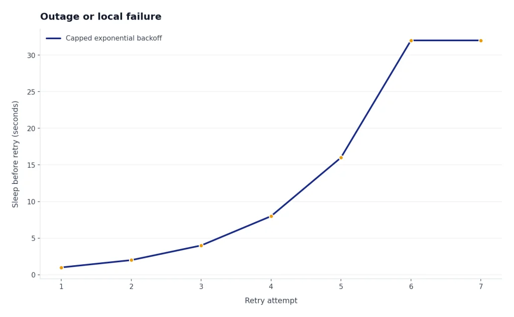 Outage Or Local Failure Line chart: retry delay rises 1, 2, 4, 8, 16, 32, then caps at 32 seconds across attempts 1-7.