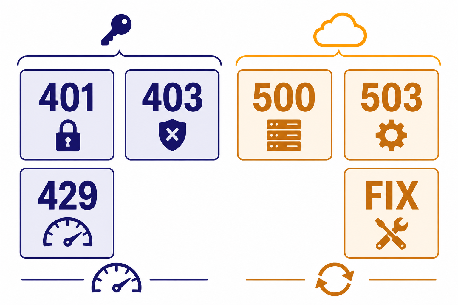 Troubleshooting matrix with tiles labeled 401, 403, 429, 500, 503, and FIX grouped by cause.
